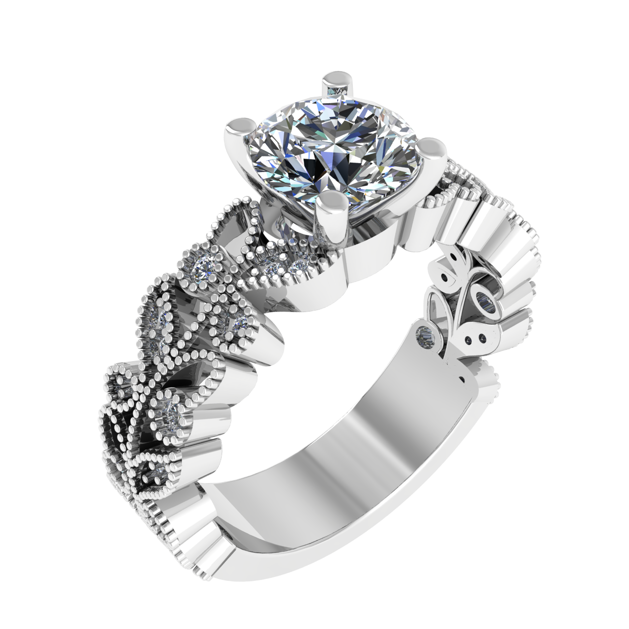 FLORAL ACCENTED  6.50mm ROUND ENGAGEMENT RING